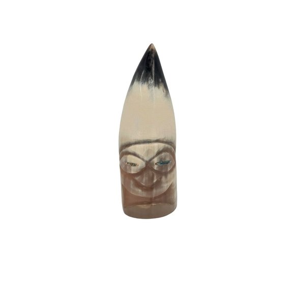 Bull Horn Totum Decor Face Carving Inlay Mother of Pearl Eyes - Picture 3 of 4